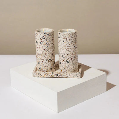 Set of terrazzo candlesticks for Shabbat with matching tray - Stone Glow Series 