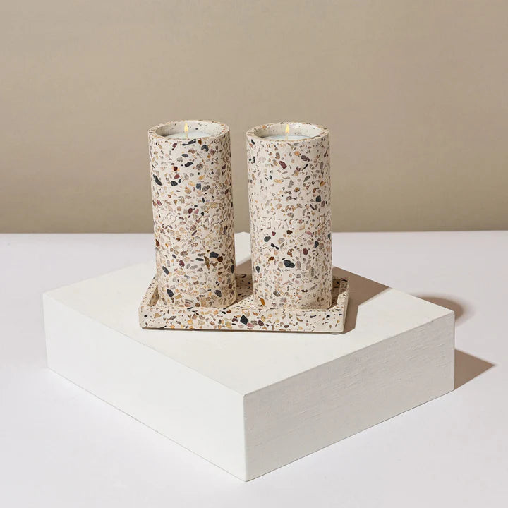 Set of candlesticks for Shabbat with a designed concrete tray - Stone Glow SERIES (Copy)  Terrazzo stone