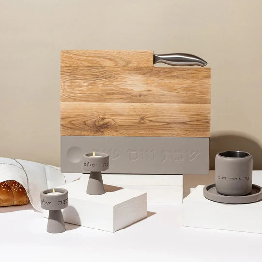 Modern candlesticks, natural concrete Kiddush cup, challah tray and challah cover - Shabbat Harmony Series (Copy) 