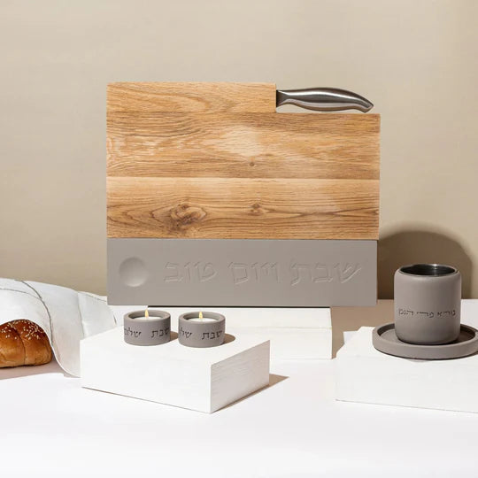 Luxurious Shabbat table set - luxuriously designed candlesticks, concrete Kiddush cup, oak challah tray and challah cover - Shabbat Harmony model Series (Copy) 