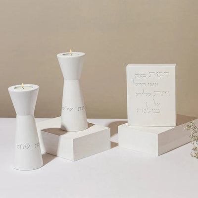 Set of tall natural concrete candlesticks with a blessing for women of valor - Crown of Light Series (Copy)  White