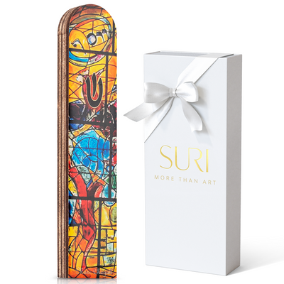 Colorful Chagall Mezuzah – Modern Wood Case with Artistic Window Motif 