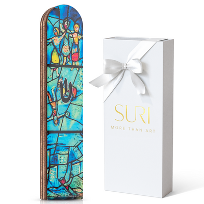 Chagall Windows Mezuzah – Vibrant Stained Glass Design on Natural Wood 