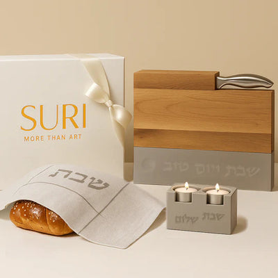Modern Shabbat Collection Concrete candle holders & Challah Cover - Shabbat Harmony Series 