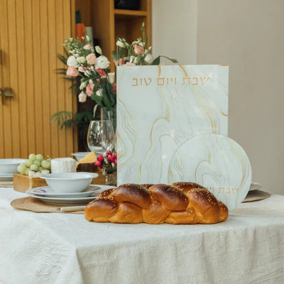 Luxurious Shabbat table set in gold and white tones - Golden Harmony model 