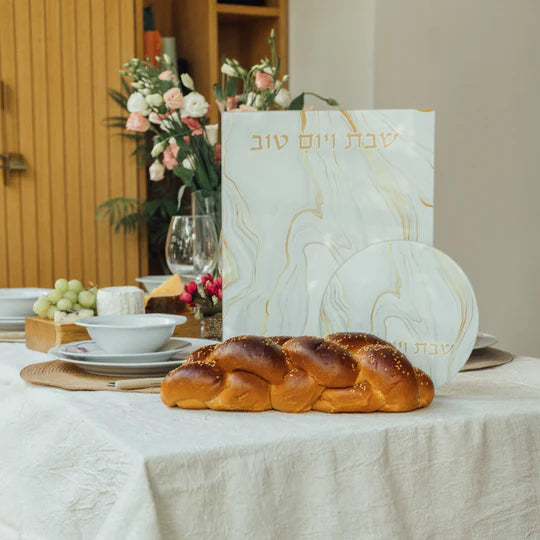 Unbreakable glass Shabbat challah tray in a golden marble design - Marble Gold Series 