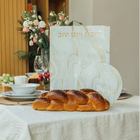 Unbreakable glass Shabbat challah tray in a golden marble design - Marble Gold Series