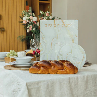 Unbreakable glass Shabbat challah tray in a golden marble design - Marble Gold Series 