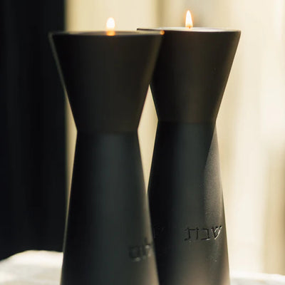 A pair of clean concrete Sabbath Candleholders in classic shades - Aura series 