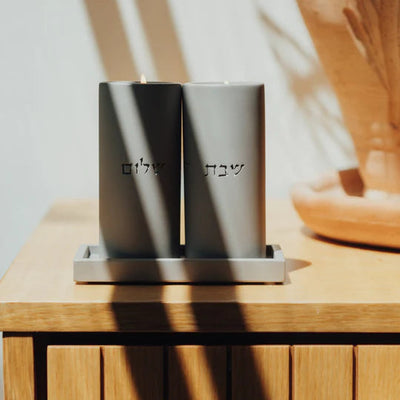 Set of candlesticks for Shabbat with a designed concrete tray - Stone Glow Series 