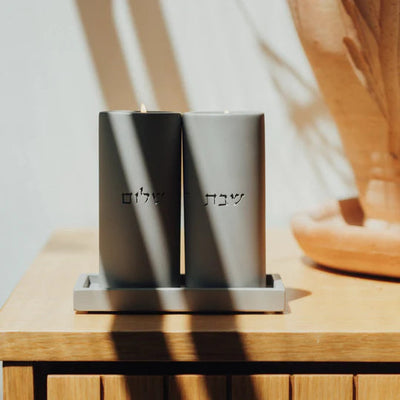 Shabbat candlestick set with a designed concrete tray and a candle lighting blessing engraved in concrete - Shabbat Loft Series (Copy) 