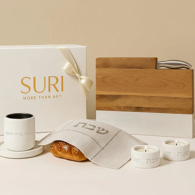 Luxurious Shabbat table set - luxuriously designed candlesticks, concrete Kiddush cup, oak challah tray and challah cover - Shabbat Harmony model Series (Copy)  White / Full premium set (pair of candle holders +