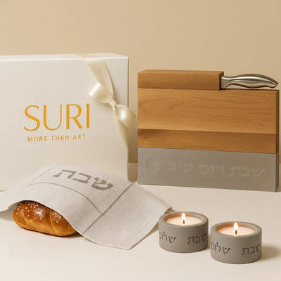 Luxurious Shabbat table set - luxuriously designed candlesticks, concrete Kiddush cup, oak challah tray and challah cover - Shabbat Harmony model Series (Copy)  White / Classic set (pair of candle holders + chal
