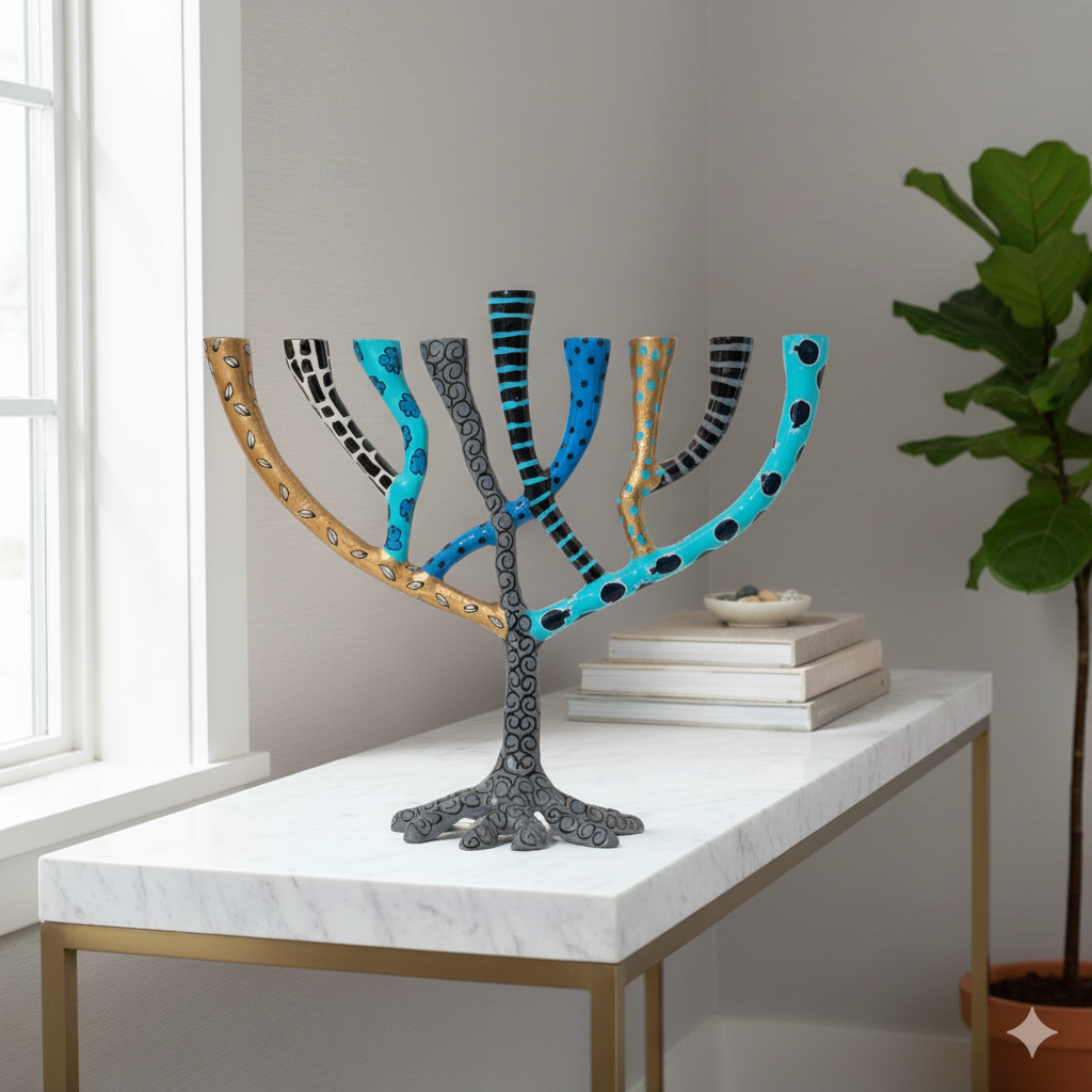 Luxury Decorative Painted Menorah, Handmade – The Wild Tree Series 