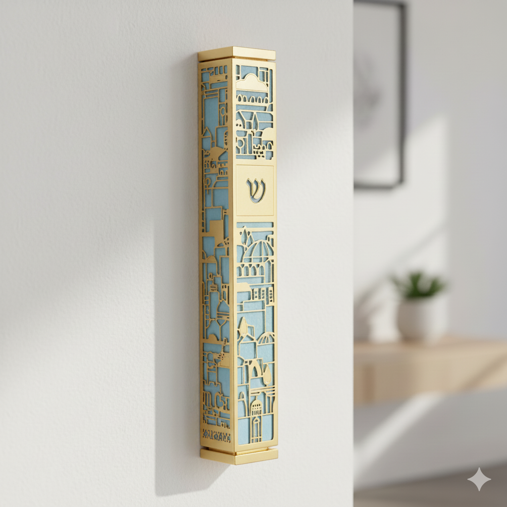 Modern Judaica Mezuzah – Colorful Stainless Steel for Jewish Home – Jerusalem Series  XL - 7.5" (Fits up to 6" scroll) / Turquoise