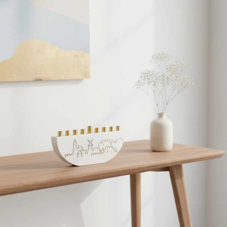 Handmade Concrete Menorah – Jerusalem Outline L Series  White