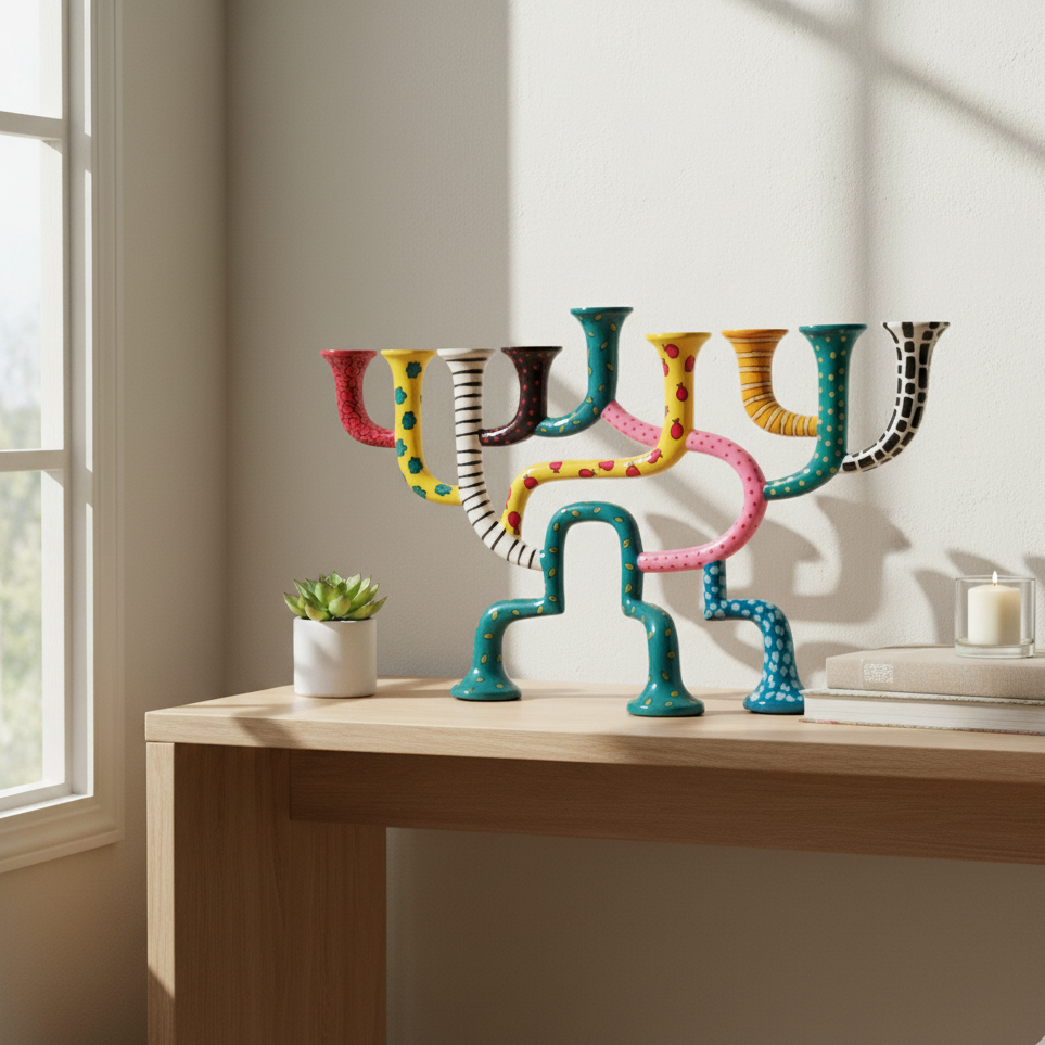 Hand-Painted Hanukkah Menorah with Modern Design – Loopa Series  Pink