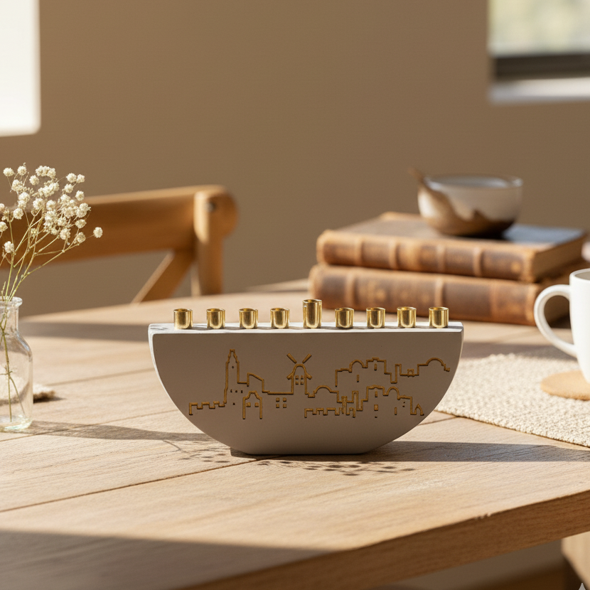 Handmade Concrete Menorah – Jerusalem Outline L Series  Light Gray