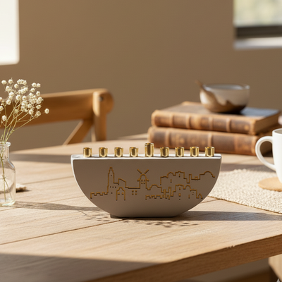 Handmade Concrete Menorah – Jerusalem Outline L Series  Light Gray