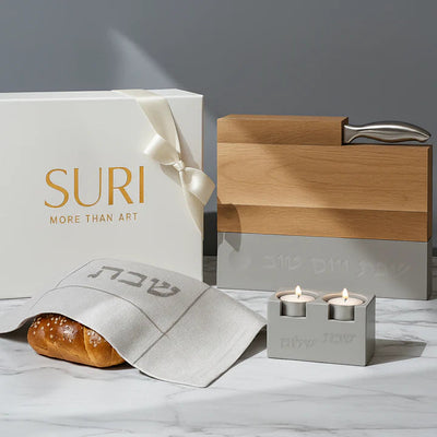 Modern Shabbat Collection Concrete candle holders & Challah Cover - Shabbat Harmony Series 