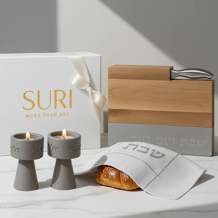 Luxurious Shabbat Set Concrete candle holders & Kiddush Cup - Shabbat Harmony Series  White / Classic set (pair of candlesticks + challa