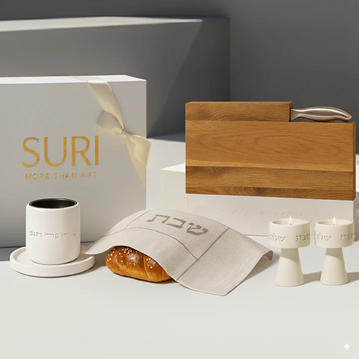 Luxurious Shabbat table set - modern Candle Holders, natural concrete Kiddush cup, challah tray and challah cover – Shabbat Harmony Set 