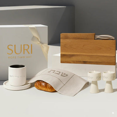 Luxurious Shabbat table set - modern Candle Holders, natural concrete Kiddush cup, challah tray and challah cover – Shabbat Harmony Set 