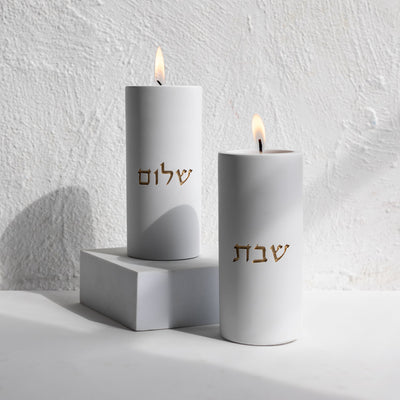 Stylish Concrete Shabbat Candle Holders – Concrete Gold Series  Large / White