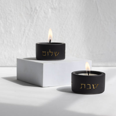 Handcrafted Concrete Shabbat Candlesticks - Concrete Gold Series  Short / Black