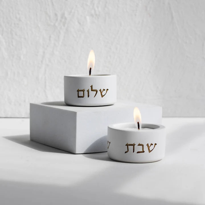 A pair of natural concrete candleholder for sitting in impressive colors - model - Concrete Gold (Copy)  Low / White
