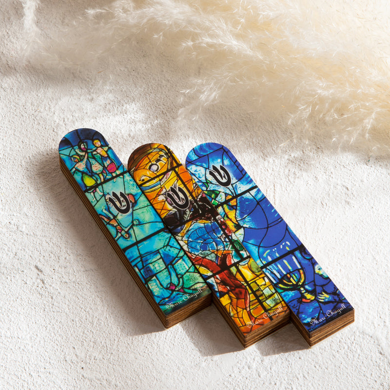 Colorful Chagall Mezuzah – Modern Wood Case with Artistic Window Motif 