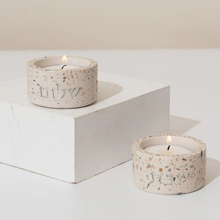 Candleholder designed for Shabbat made of rich terrazzo in luxurious colors, with "Shabbat Shalom" engraving - Terrazzo Series (Copy) 