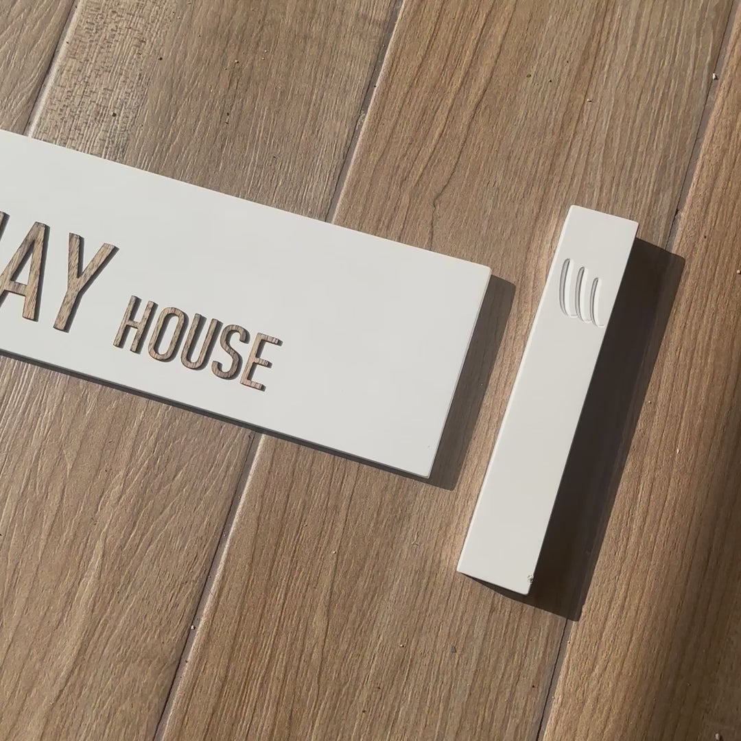 Handmade house sign made of clean white concrete with wooden lettering - HOUSE series