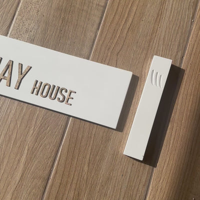 Handmade house sign made of clean white concrete with wooden lettering - HOUSE series