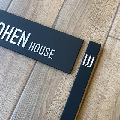 Handcrafted black concrete house entrance sign with silver lettering - HOUSE series
