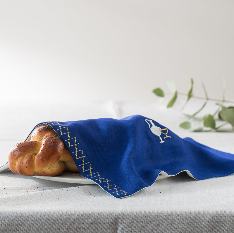 Blue Challah Cover with embroidered Jewish motifs